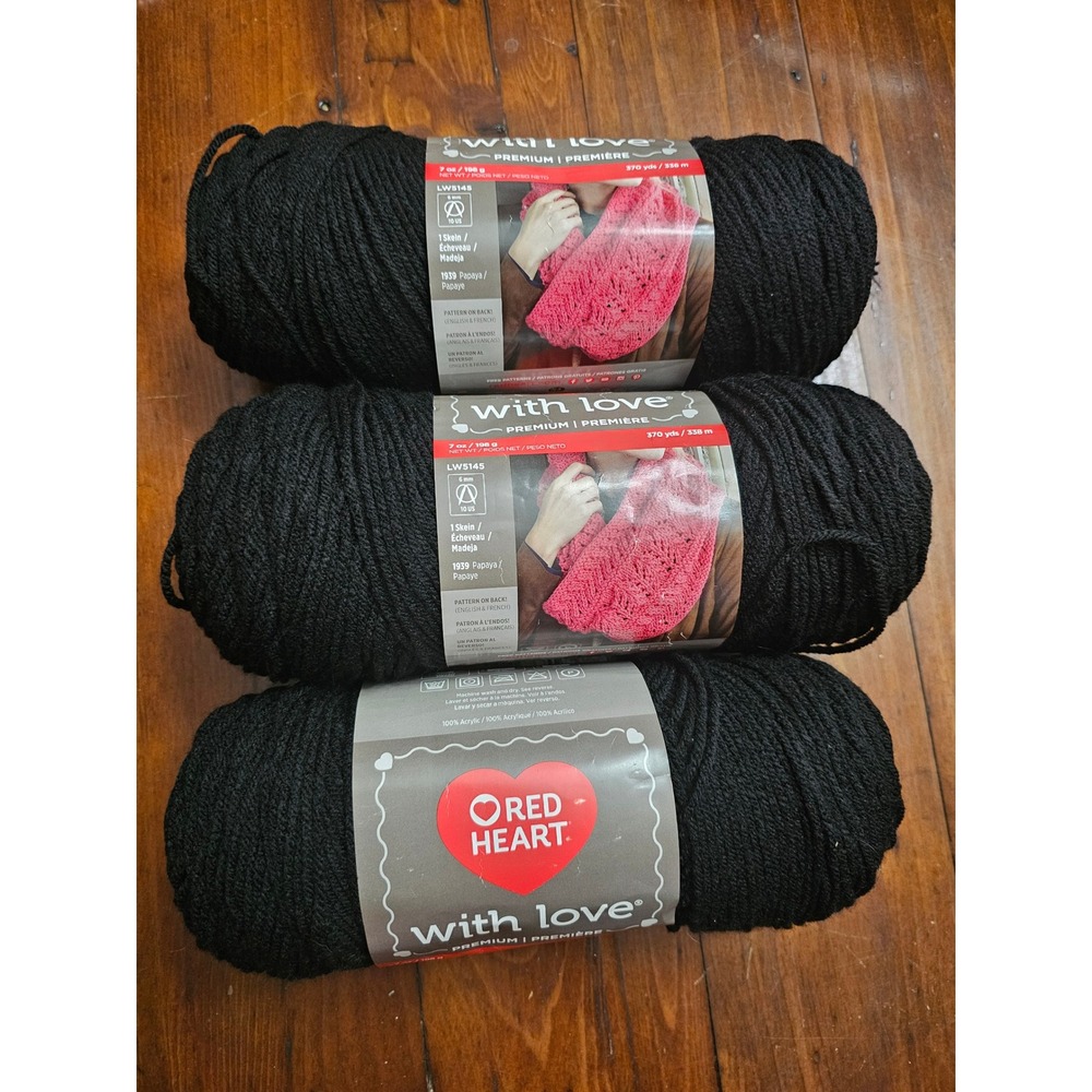 Red Heart With Love Premium Yarn Black 1012 Medium 4 Acrylic 3 Skeins 1110 Yds